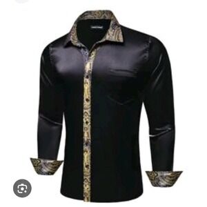 Barry Wang Black‎ Gold Patterned Collar Button Up Long Sleeve Dress Shirt Size M